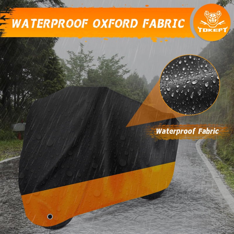 Tokept Motorcycle Cover All Season Universal Waterproof Sunscreen Outdoor Protection with Lock-Holes & Storage Bag Fits up to 104"" Motorcycles Vehicle Cover (XXL Black&Orange) - Image 4